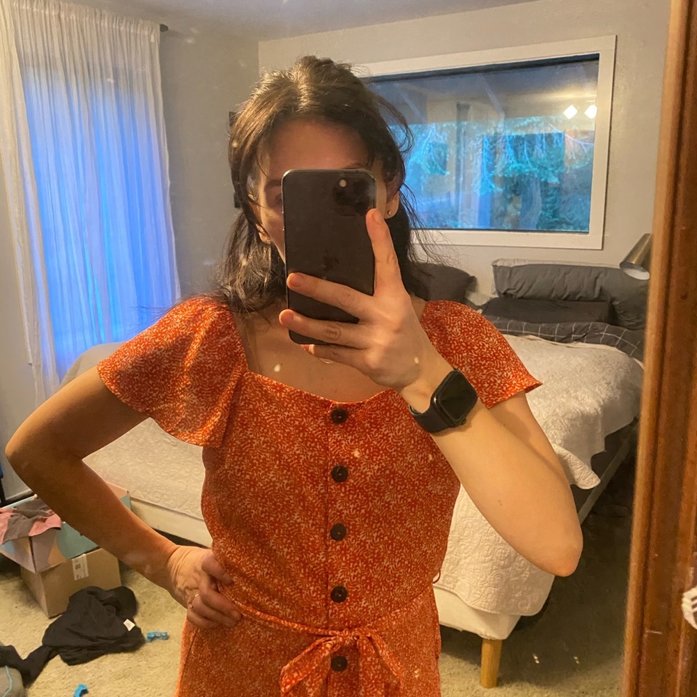 Small flower print button up dress with tie